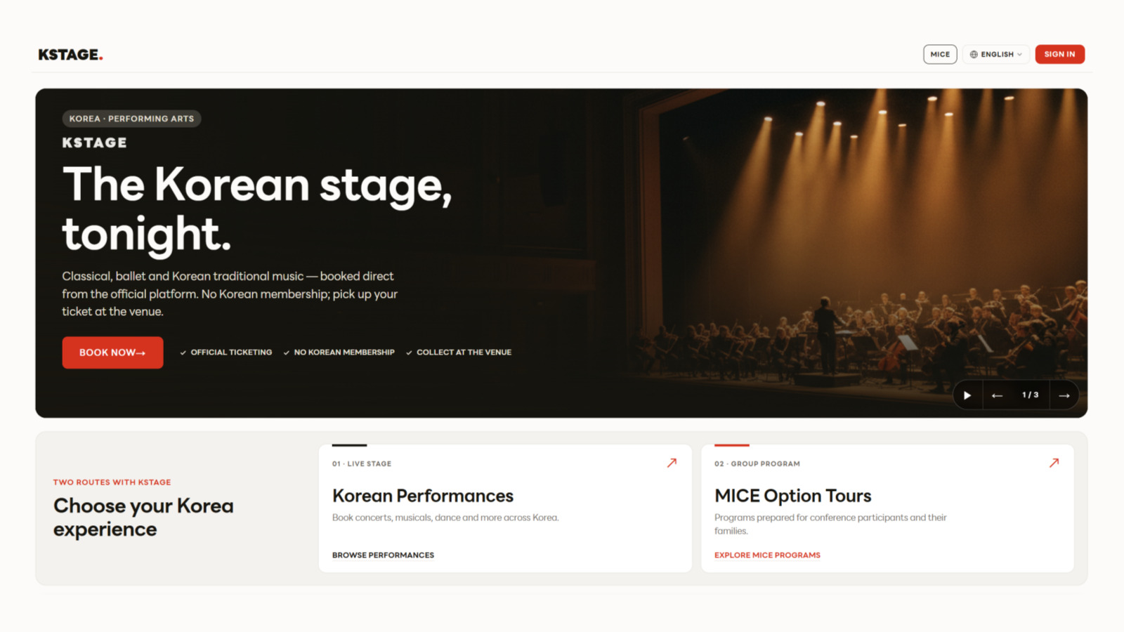 KSTAGE 웹사이트 메인 화면 — "The Korean stage, tonight." 외국인 관광객이 한국 공연을 본인인증 없이 예매하는 플랫폼